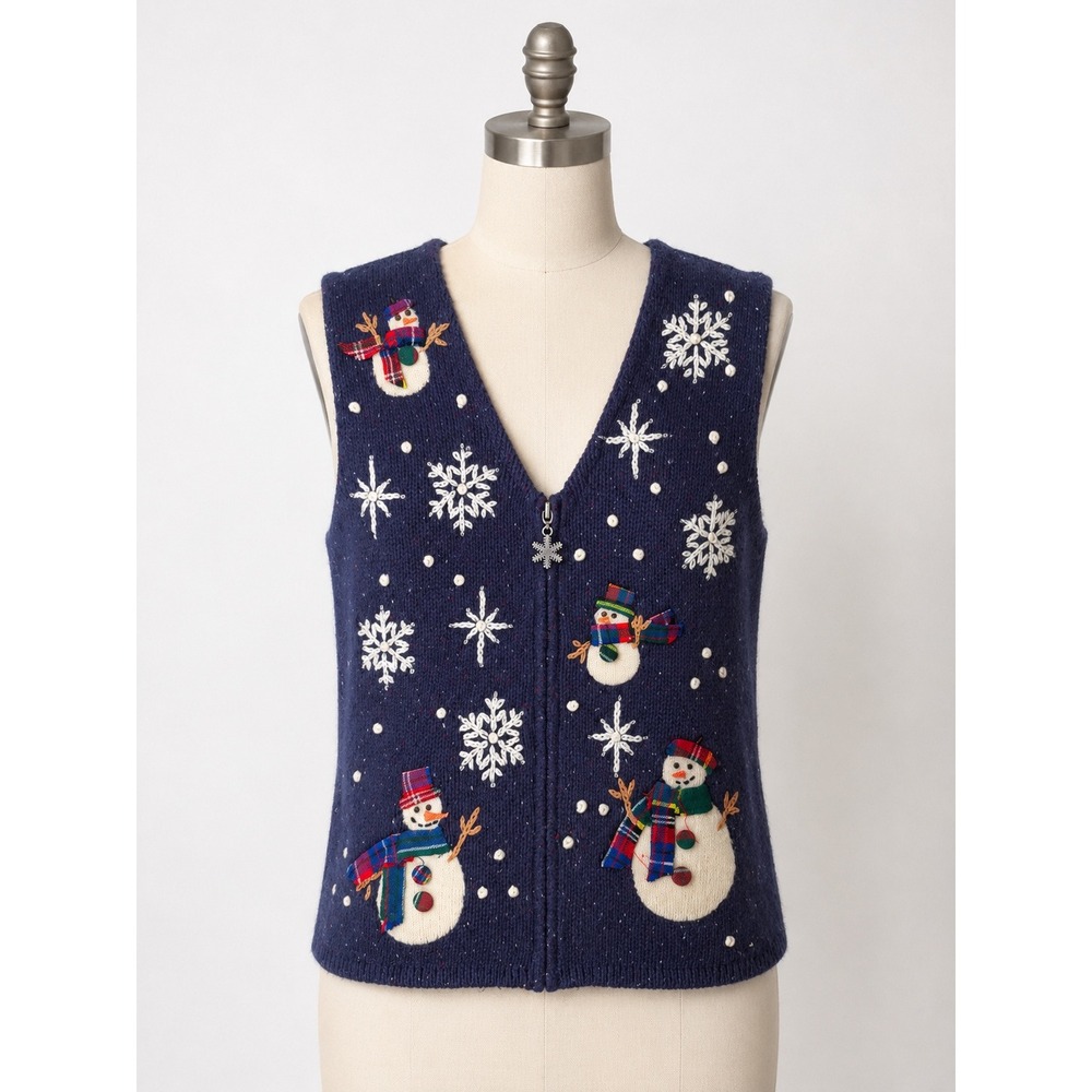 TimberLea Sweater Vest M Blue Snowman Snowflake Zip Up Grandmacore Christmas